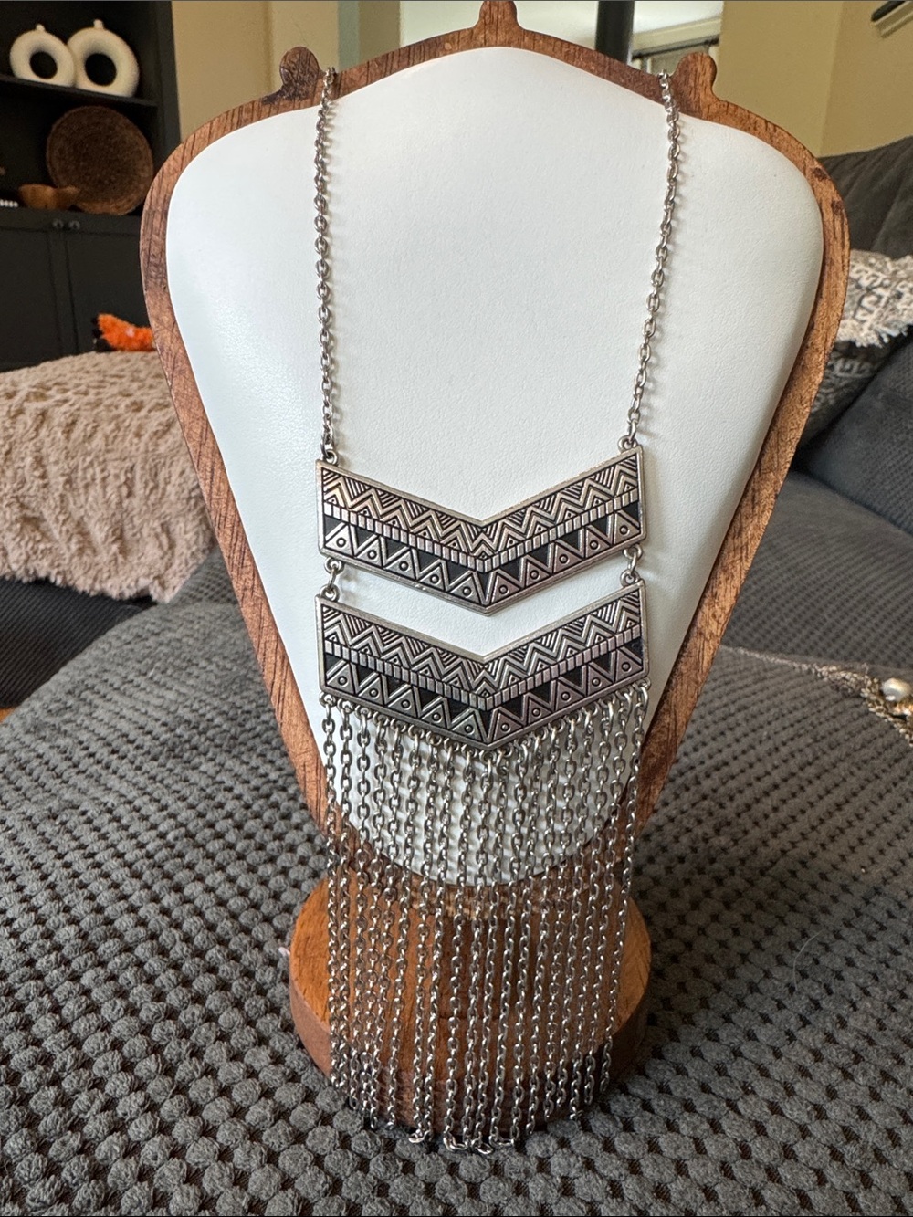 Boho Chevron Fringe Statement Necklace - Silver
